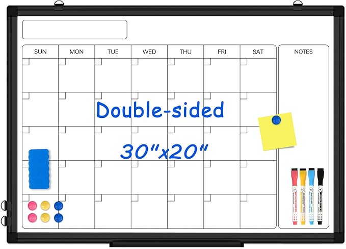 Monthly Calendar Dry Erase Whiteboard, 30" x 20" Magnetic Calendar White Board, Double-Sided Portable Board with Black Aluminium Frame for Office, Kitchen, School, Home