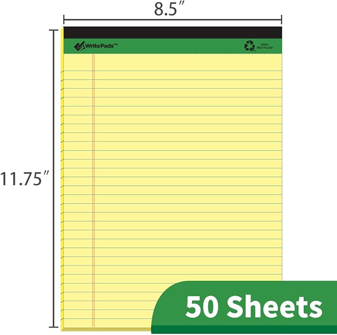KAISA Legal Pads Writing Pads Recycled Paper, 8.5"x11.75" Wide Ruled Perforated 50 sheets Notepads 8-1/2"x 11-3/4" Writed Pad, Canary (Pack of 12pc) KSU-5668