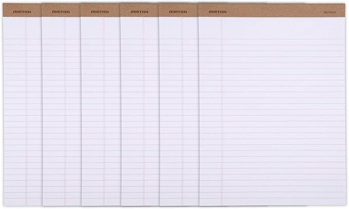 Mintra Office Recycled Writing Pads 6pk (White, Wide Ruled (8.5in x 11in)) - 50 Sheets per Notepad, Micro perforated, Legal Pad, Notebook Paper for School, College, Office, Business