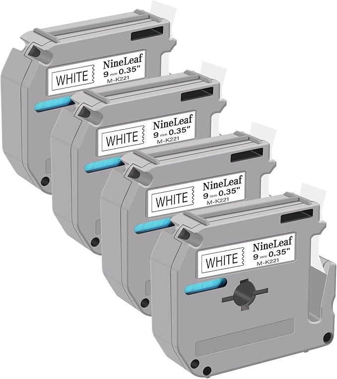 NineLeaf 4 Pack Compatible for Brother P-Touch M-K221 MK221 M221 White M Tape 9mm 3/8 Inch Black on White Label Tape for PT-M95 PT-80 PT-90 PT-70 PT-55 PT-65 PT-85 PT-45 PT-70BM PT-100 Label Maker