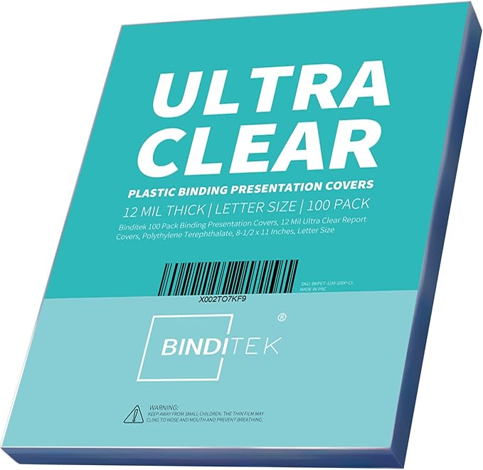 Binditek 100 Pack 12 Mil Ultra Clear Binding Covers, Polythylene Terephthalate, 8.5 x 11 Inches, Letter Size, Square Corners, Un-Punched, for Students and Coworkers