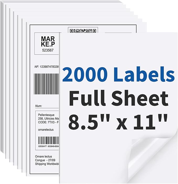 2000 Sheets Sticker Paper Matte White, 8.5" x 11" Label Paper for Laser & Inkjet Printer, Full Sheet Label for Shipping Address Mailing