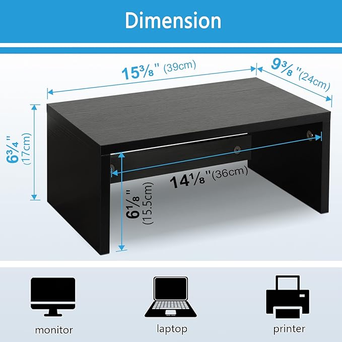 TEAMIX 14.2 inch Monitor Stand Riser, Wood Monitor Riser with Storage for Desk Small Monitor Stand TV/Screen/PC/Laptop Riser Computer Stand Desktop Shelf (Black-Higher)