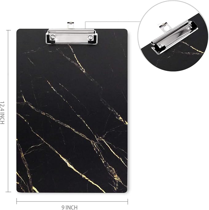 WAVEYU Hardboard Office Clipboard, Decorative Clipboard with Low Profile Clip Chic Marble Design for Students Classroom School and Office Use, Black (12.5"x9")