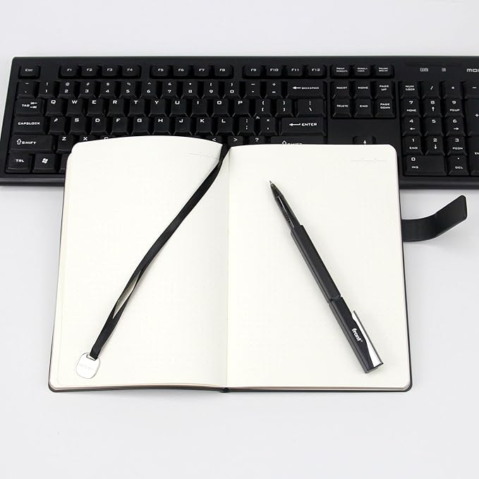 A5 Hard Cover Notebook with Pen Holder, Gold Edges & 180° Lay Flat - Large 5x8.25 Dot Grid, Bookmark, Gift Box - Durable Journal for Office, Study, Travel - Writers, Students(Black)