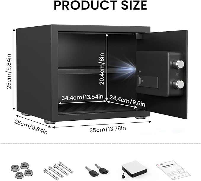Kavey 0.8 Cub Safe Box, Home Safe with Backlit Touch Screen Keypad and Dual Alarm System, Money Safe Fireproof With Mute Function and LED Light, Small Safe for Money Document Valuables