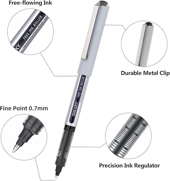 EYEYE Black Rollerball Pens 12 Pack 0.7mm Medium Point Fine Tip Pens Quick Dry Liquid Ink Pens Smooth Writing Pens for Journaling Note Taking Office School Supplies
