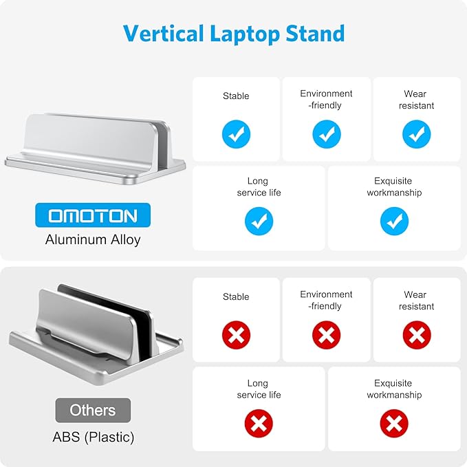 OMOTON Vertical Laptop Stand Holder, Desktop Aluminum Stand for MacBook with Adjustable Dock Size, Fits All MacBook, Surface, Chromebook and Gaming Laptops (Up to 17.3 inches), Silver