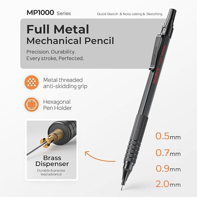 Nicpro 45PCS Black & Silver Metal Mechanical Pencil Set in Leather Case, Art Drafting Pencil 0.5, 0.7, 0.9 mm, 2mm Lead Holders for Sketching Drawing With 27 Tube (6B 4B 2B HB 2H 4H Colors)Lead Refill