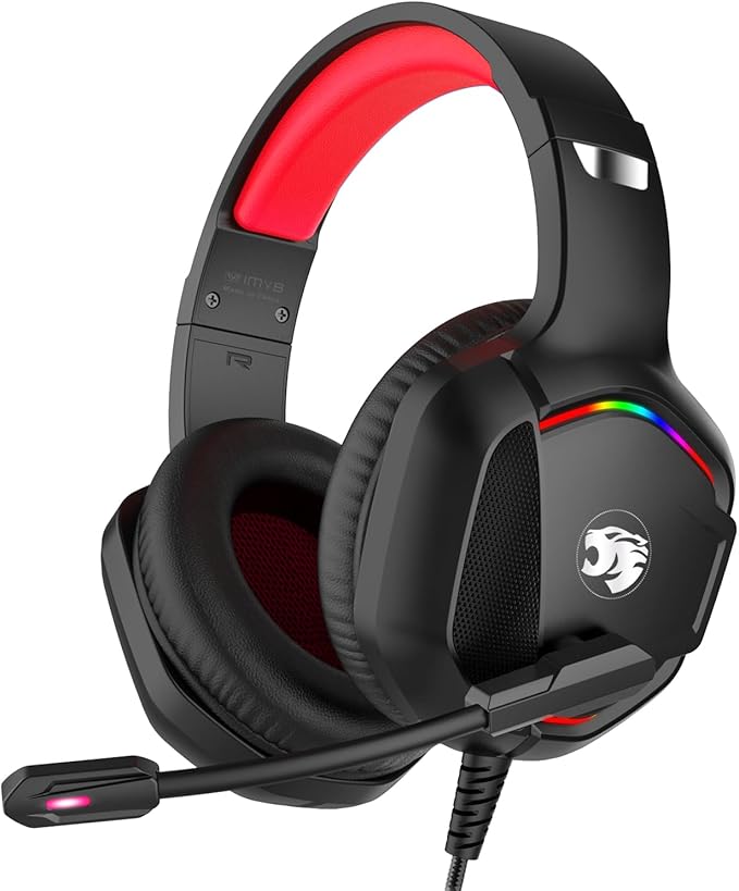 Gaming Headset with Microphone for Pc, Xbox One Series X/s, Ps4, Ps5, Switch, Stereo Wired Noise Cancelling Over-Ear Headphones with Mic, RGB, for Computer, Laptop, Mac, Nintendo, Gamer (Red)