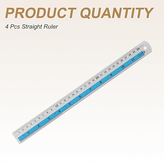 HARFINGTON 4pcs Metal Straight Ruler 30cm Metric SAE Aluminum Alloy Measuring Rulers Scale Tools with Hole for Measure Study Reading Classroom Office, Blue