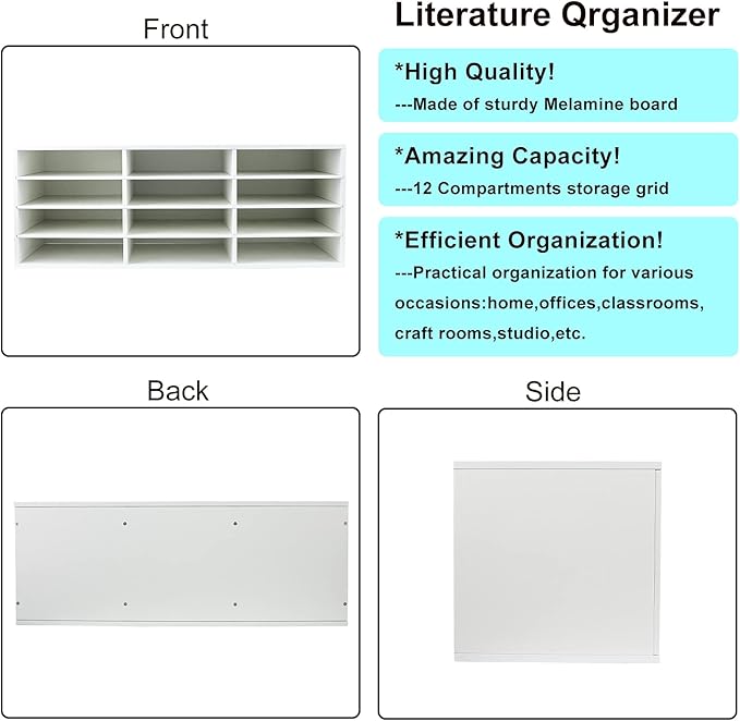 PAG Mail Sorter, Wood Countertop Literature Organizer, Student Mailbox for Classroom, Desktop Bill Paper Organizer for Office Home School, 12 Compartments, White