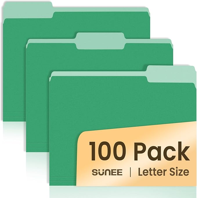 SUNEE File Folders Letter Size Green, 100 Pack Manilla Folders 8.5 x 11 1/3-Cut Tabs, Colored File Folders Office Home School for Documents Files Paper