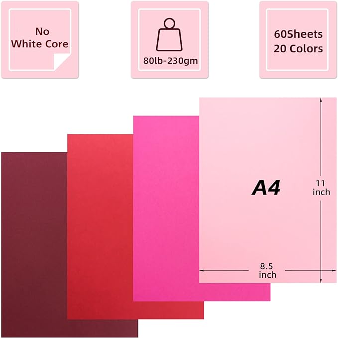 60 Sheets Colored Cardstock 8.5 x 11 Assorted 80 lb 20 Colors Solid Core Card Stock Printer Paper For Card Making Paper Crafting Printer