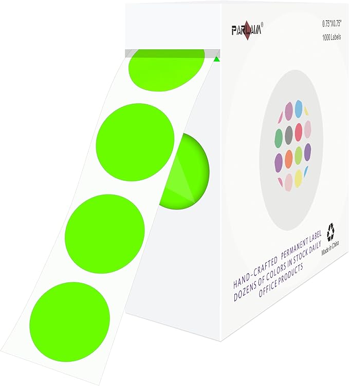PARLAIM 0.75" Round Color Coding Circle Dot Labels in Roll, 1000 Stickers per Dispenser Box, 3/4 inch Diameter for Office and Business, Fluorescent Green