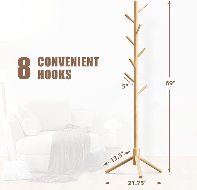 Haddockway Wooden Coat Rack Stand with 8 Hooks New Zealand Pine 3 Adjustable Coat Standing Tree Easy Assembly for Coats, Hats, Scarves and Handbags for Entryway, Hallway, Bedroom, Office
