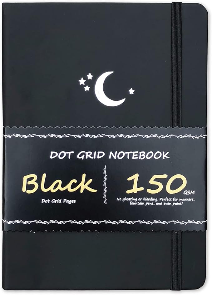 BUKE Dotted Journal - Dot Grid Notebook - 150gsm No Bleed Black Paper - 160 Black Pages - For Women and Men - A5 PU Leather Hardcover 5.75" x 8.5" and Gift Box MOON Stars(BKB-4)