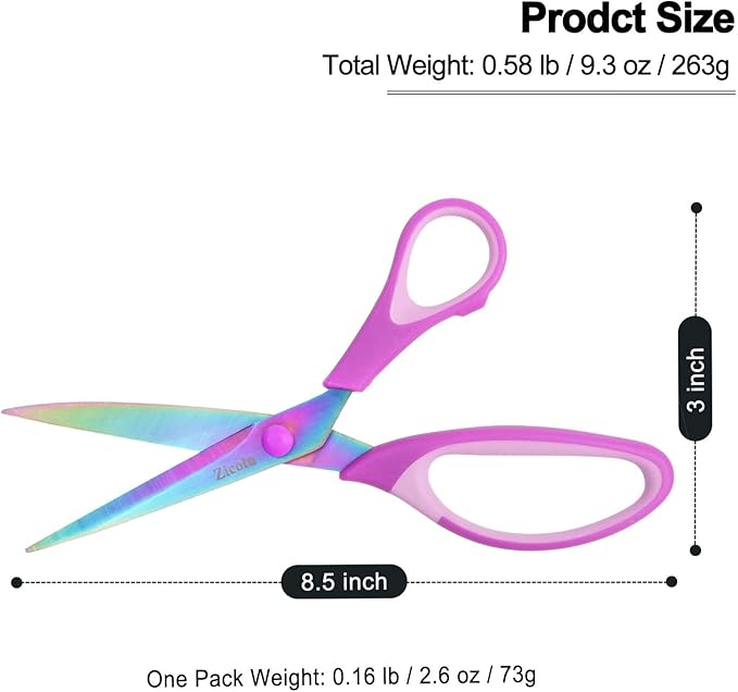 8.5" Scissors All Purpose, Multipurpose Office Scissors Set of 3 pack, sharp Titanium Coating Blade and Soft Comfort-Grip Sturdy Scissors for Fabric School Craft Sewing Home, Right/Left Handed, Purple