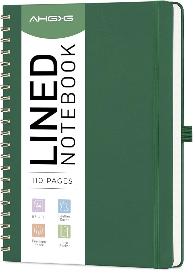 AHGXG Lined Spiral Notebook 8.5" x 11", A4 Large Notebooks for Women Men, Hardcover Leather Notebook College Ruled, 100 GSM Thick Paper, Notebooks for Work School Note Taking Writing, Green