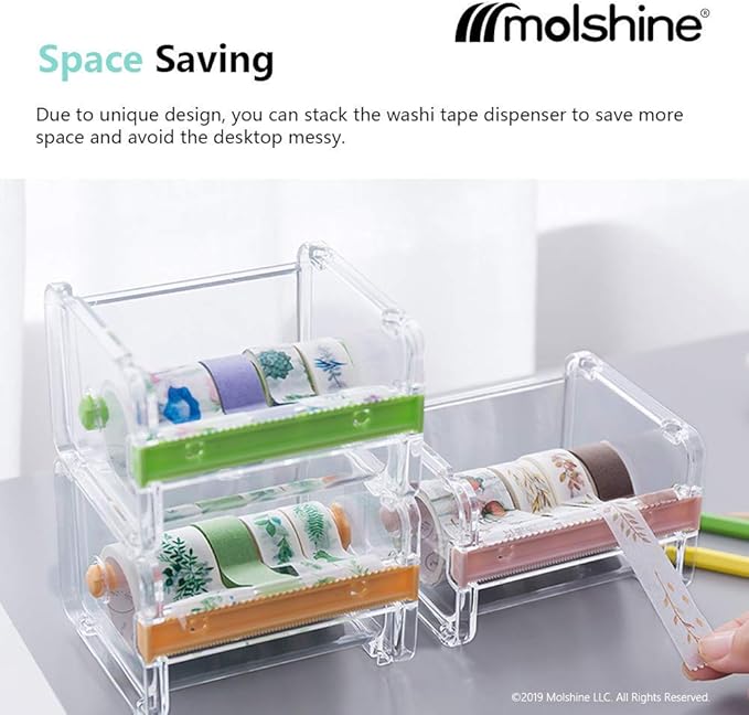 molshine 2 Pack Transparent Desktop Multi Washi Masking Tape Storage Dispenser,Tape Cutter,Tape Roll Holder (Not Include Masking Tape) (Yellow&Green)