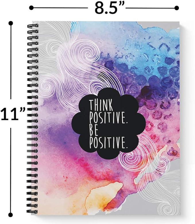 Softcover Think Positive 8.5" x 11" Motivational Spiral Notebook/Journal, 120 College Ruled Pages, Durable Gloss Laminated Cover, Black Wire-o Spiral. Made in the USA