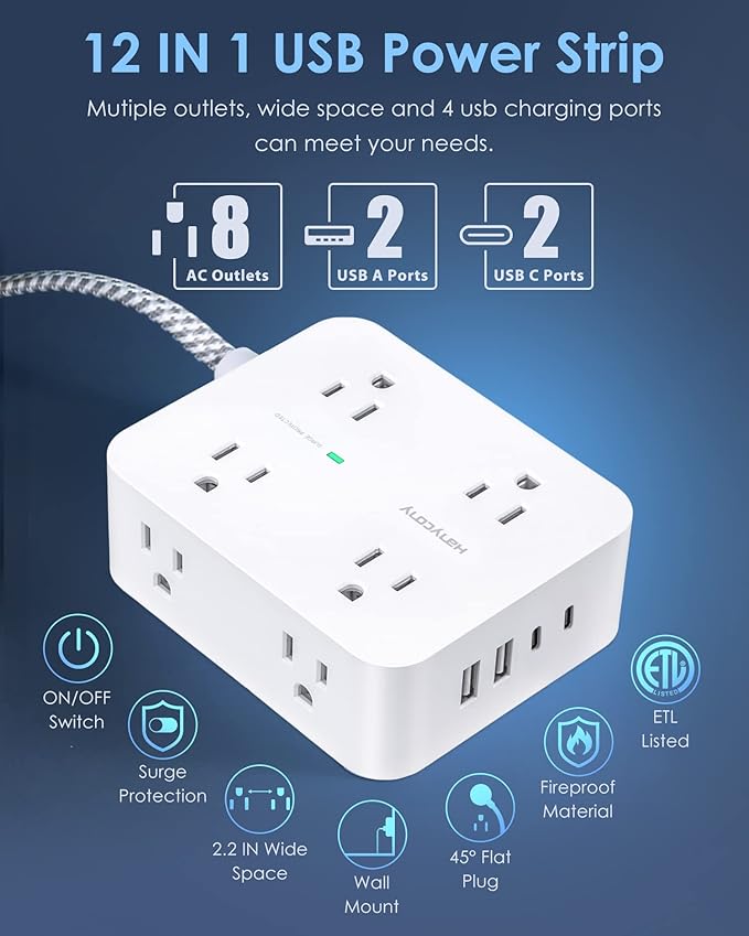 6Ft Surge Protector Power Strip with USB C, Extension Cord with 8 Wide Outlets(2.2 IN) and 4 USB Ports(2 USB C), Flat Plug, Wall Mount, 3 Side Outlet Extender for Home Dorm Room Essentials, ETL Listed