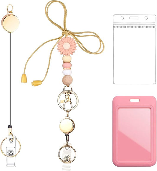 Colorful ID Badge Holder with Silicone Beads Lanyard Set,Cute Teacher Breakaway Lanyard for Keys & Keychain with Cute Retractable Badge Reel Holder,Gift for Women,Nurse, Teacher. (Pink Daisy)