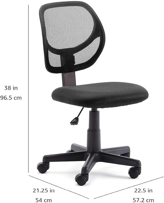 Amazon Basics Rolling Desk Chair, Adjustable, Low Back, Padded Seat, Breathable Mesh, Swivel, Black, 21.25" D x 22.5" W x 38" H