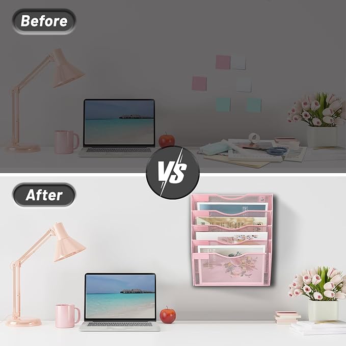 EASEPRES 5 Pocket Mesh Hanging Wall File Organizer, Wall Mounted Mail Paper Document Folder Holder, Clipboard Storage Organization Magazine Rack with Nametag Label for Office Home School, Pink