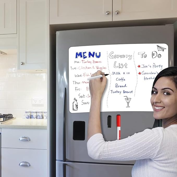 Magnetic Dry Erase Board Fridge White Board Sheet 20 x13 inch, Flexible Large Refrigerator Magnets Whiteboard Planner for Home Kitchen, 2 Markers and Eraser