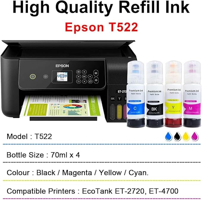 Printers Jack Compatiable T522 Refill Ink Bottle Kit for Supertank ET-2800 ET-4700 ET-4800 ET-2710 ET-2720, ET-2803 Printer, 4 Packs