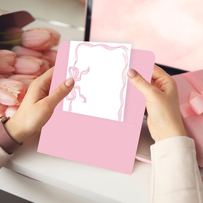 24 Pack Bow Stationery Cards with Envelops Blank Thank You Note Cards Cute Pink Ribbon Bow Plaid Greeting Cards for Wedding Birthday Bridal Baby Shower