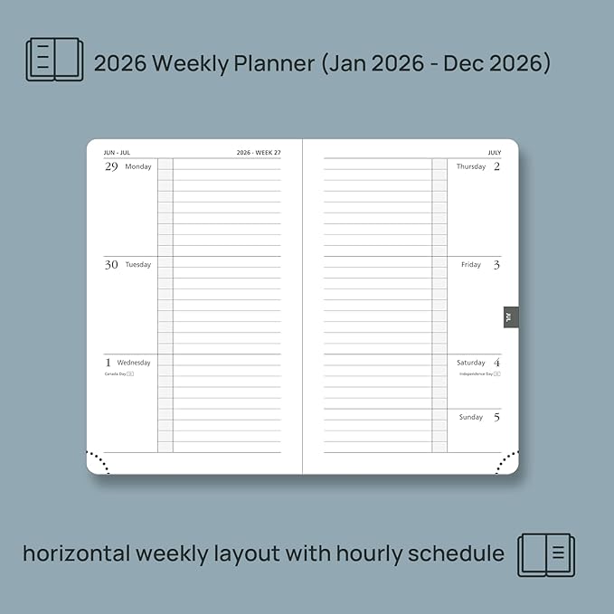 POPRUN Weekly Planner 2026 Calendar (Pocket 4'' x 6.25'') 12 Months Notebook with Horizontal Layout, Leather Hardcover, Inner Pocket, 100GSM Thick Paper, Pen Holder TJ - Army Green