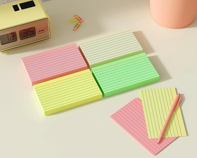200 PCS Colored Index Cards 3x5, Ruled Index Cards, Flash Cards for Studying, Heavy Note Cards for Office, Home and School，Light Red/Green/Yellow/Beige 4 Colors, 50 PCS of Each Color
