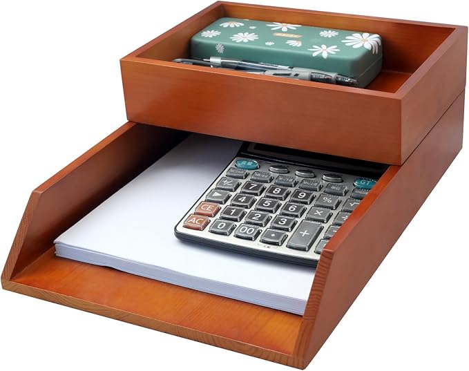 Desk Organizer Letter Tray Set of 2, Magnetic Wooden Tabletop Desktop for Storage Paper Letter Folders Notebooks Copy Print, Workspace Holder, Office Supplies, Keep Stationery Saver-Brown