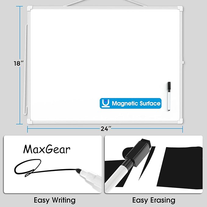 MaxGear White Board for Wall, 24" x 18" Double Sided Dry Erase Board, Magnetic White Board Hanging Whiteboard for Home, School, Office