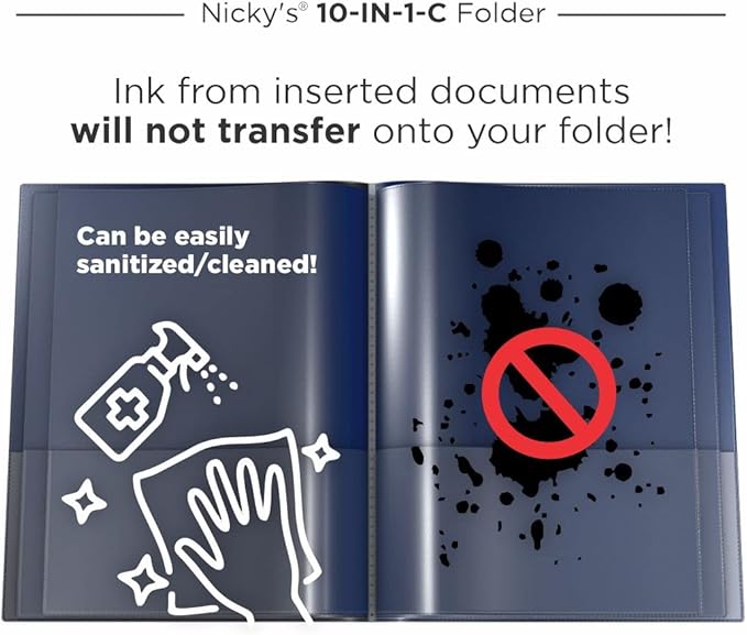 Nicky's® Multi Pocket Organizer, 10 or 14 Page Folder, Waterproof, Patented Tear-Resistant, Flexible Plastic, Proudly Made in USA, Binder Substitute. (10-in-1 Navy Blue)