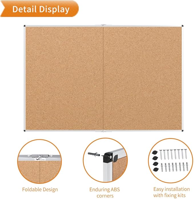 VIZ-PRO Large Cork Bulletin Board/Foldable Noticeboard, 48 X 48 Inches, Silver Aluminium Frame