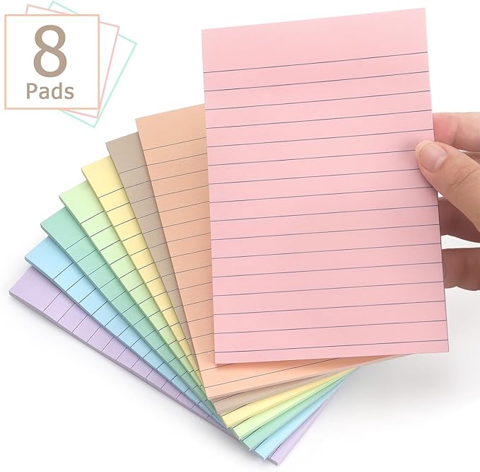 4x6 Inch Lined Sticky Notes, 8 Pack, Light Colors, Premium Self-Adhesive Notepads, Large Sticky Pads for Office, School & Home Use, Easy to Use, Reusable & Removable