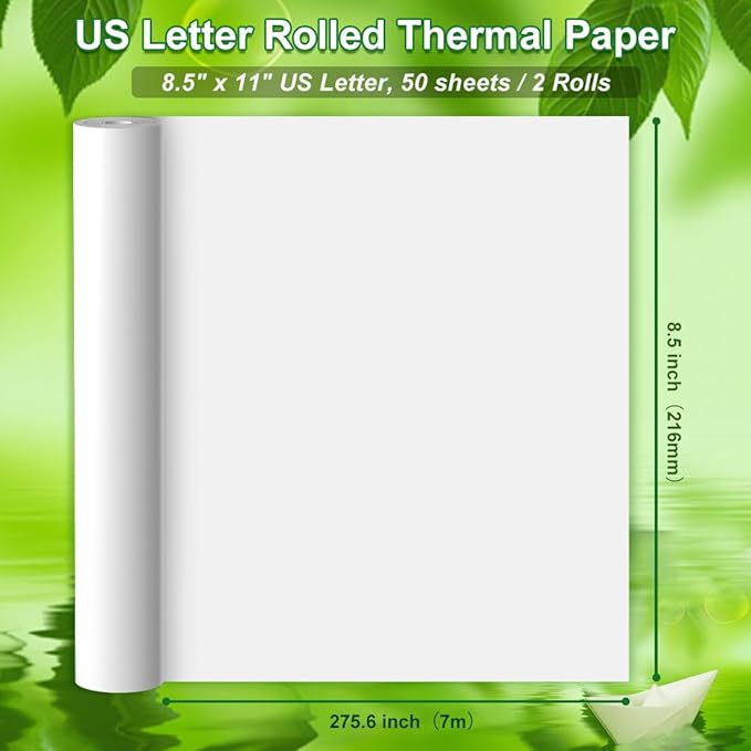Thermal Printer Paper 8.5 x 11 Inch, US Letter Size Quick-Dry Thermal Printing Paper Rolls, Thermal Paper Compatible with M08F-Letter, M832, M834, MT800, MT800Q Portable Printer, 50 sheets / 2 Rolls