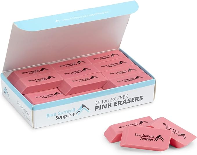 Blue Summit Supplies Pink Erasers, Bulk Erasers for Art, School, and Office Use, Classroom Set, 36 Pack