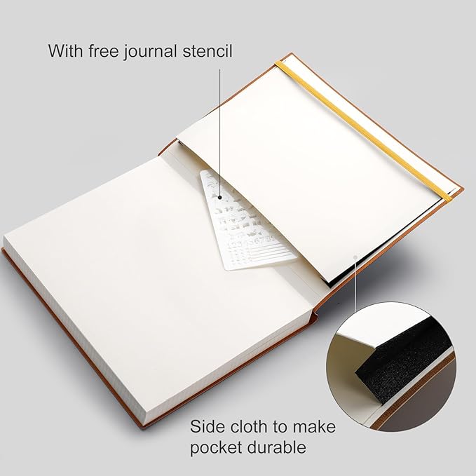 AHGXG Bullet Dotted Journal - Large A4 Notebook Dotted, 8.5''×11'', 320 Pages Dot Grid Notebook, 100gsm Thick Paper, Leather Softcover, with Journal Stencils, Inner Pocket - Yellow