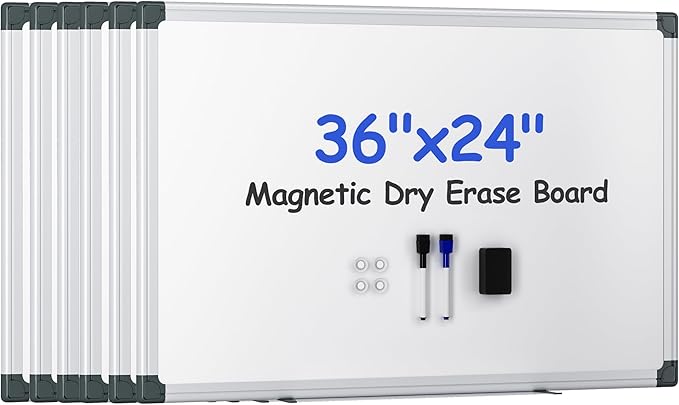 VUSIGN 6PCS Magnetic White Board Kit for Wall 36" x 24", 6 Dry Eraser & 12 Multicolor Markers & 24 Magnetic Pins, Sliver Reinforced Aluminum Frame for Home, School, Office
