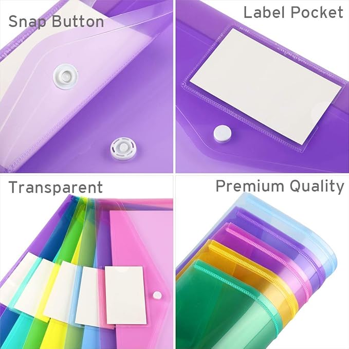 Sooez 12 Pack Folders Plastic Envelopes, Clear Plastic File Folder for Document, Letter A4 Size Poly File Envelopes with Label Pocket, Snap Button for Home Work Office Organizer, 5 Colors