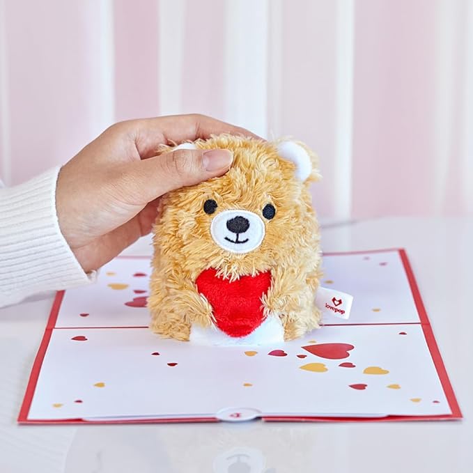 Lovepop Plushpop Soft Animal Pop-Up Card for Her and Him - 3D Bear Everyday Greeting Card for Boys, Girls, Men, Women - Love You - 6" x 8" Card - Brown