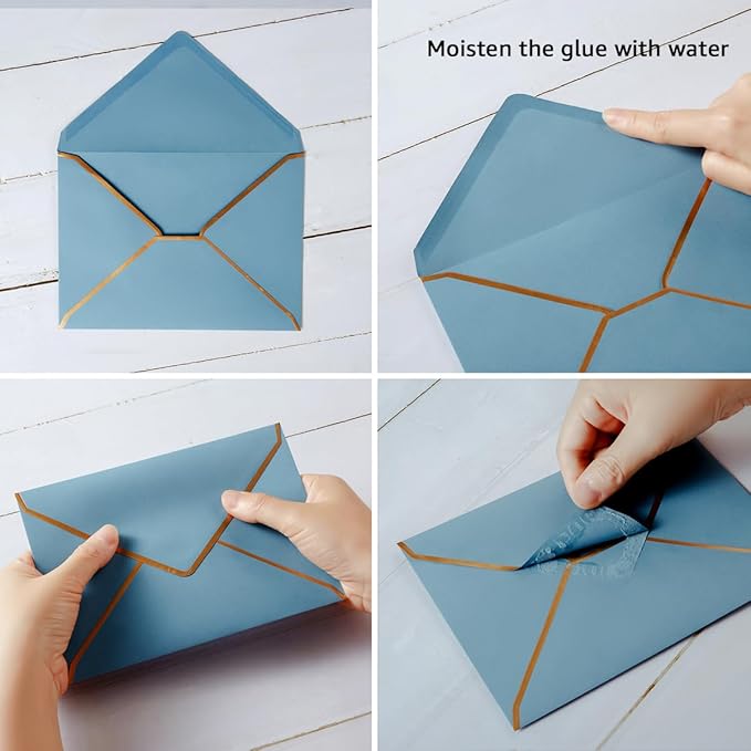 50 Pack A4 Envelopes Dusty-Blue 4x6 Envelopes Self-Adhesive V Flap Envelopes with Gold Border for Office, Wedding Gift Cards, Invitations, Graduation, Baby Shower, Parties (4.25x6.25 inches)
