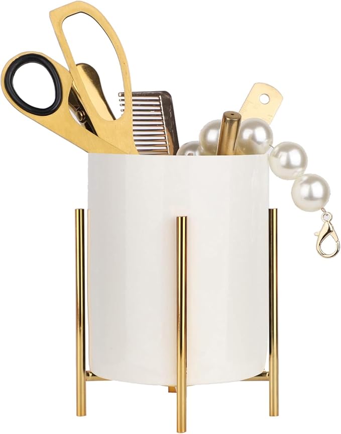 Pencil Holders & Pen Holders Gold Desk Accessories for Women Strong Metal and Ceramic Pen cup(High5.5'' x wide3.8'')
