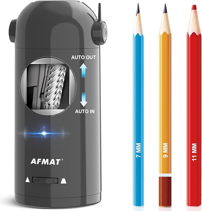AFMAT Electric Pencil Sharpener for Colored Pencils 7-11.5mm, Fully Automatic Robot Pencil Sharpener, Auto in & Out, Rechargeable Hands-Free Pencil Sharpener for Large Pencils, Home, Classroom, Gray