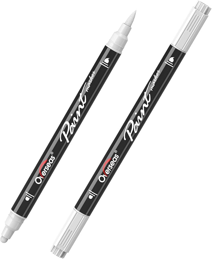 Overseas White Acrylic Paint Markers, 2 Pack Dual Tip Paint Pens Acrylic Markers with Dot and Brush Tip, Coloring Marker for Wood, Rock, Canvas, Glass, Metal, Ceramic, Plastic, Fabric, School Supplies