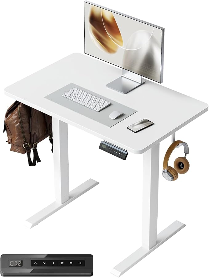 FEZIBO One-Piece Standing Desk Adjustable Height Stand up Home Office Desk, 32x24 Inch Electric Standing Computer Desk, with 4 Memory Presets, Fixable casters, White